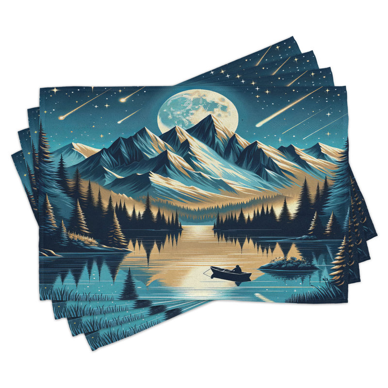 Dark Turquoise Tan Ivory Polyester Mountain Scene Placemats Set of 4