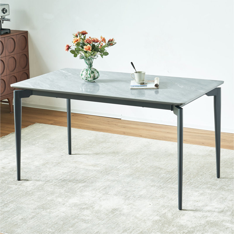 Table de roche brillante avec pieds noirs, table de salle à manger en pierre frittée, table de salle à manger pour 6 à 8 personnes