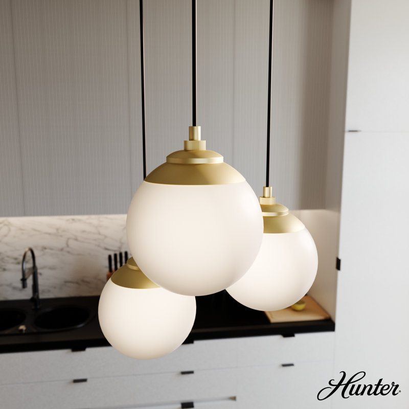Modern Brass 3-Light Globe Pendant with Cased White Glass