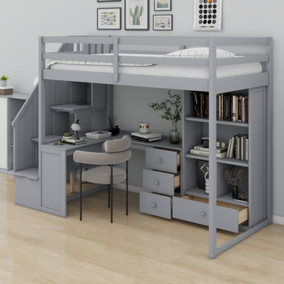 Loft Bed With L-Shaped Desk And Drawers, Cabinet And Storage Staircase