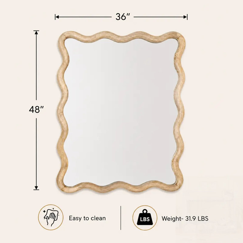Miroir mural décoratif ondulé avec cadre en bois de manguier, parfait pour les intérieurs modernes et rustiques, rehaussant la lumière et l'espace