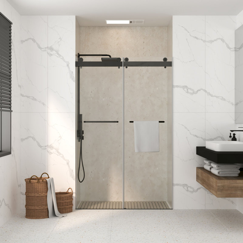 48" W x 76" H Double Sliding Frameless Soft Close Shower Door with 5/16" (8mm) Tempered Glass, Metal Water Retaining Strip