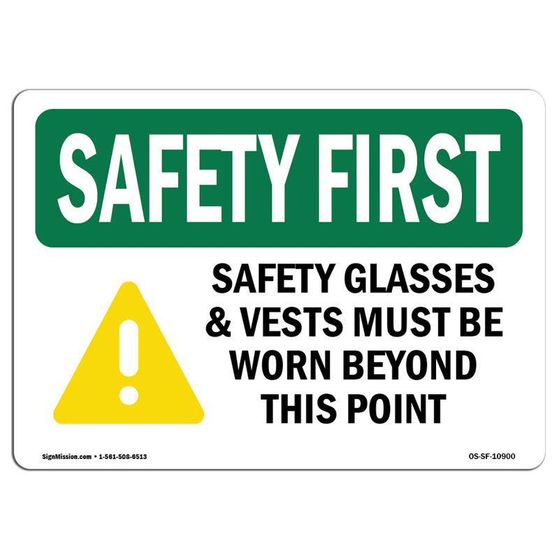 Les lunettes de sécurité et les gilets doivent être signés, H 18 po x l 24 po x P 0,1 po
