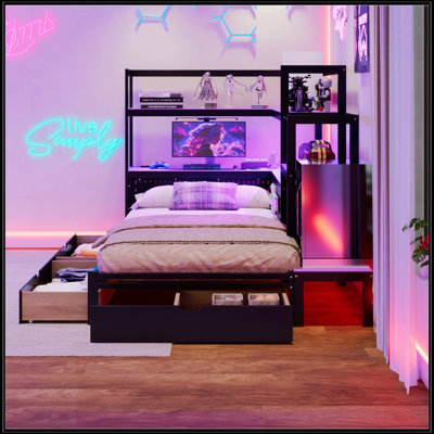 Twin Size Gaming Daybed With Integrated Desk And LED Light, Modern Wooden Bed Frame With 3 Storage Drawers And Built-In Charging Station, Multi-Functional Headboard Bookcase
