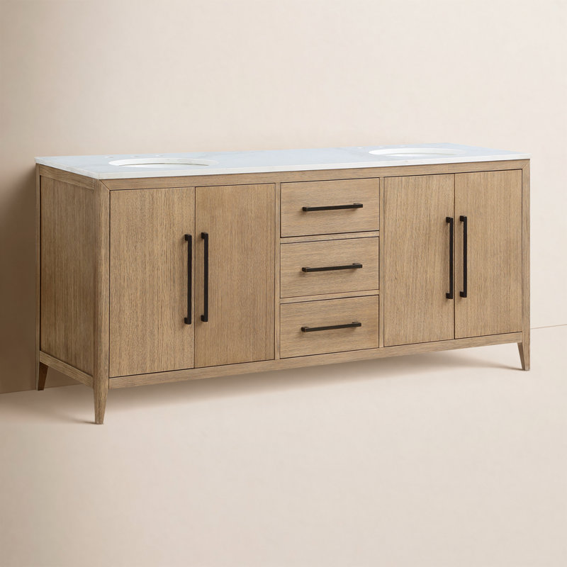 Alsup 72'' Free Standing Double Bathroom Vanity with Calacatta Quartz Top, Wire Brushed Oak