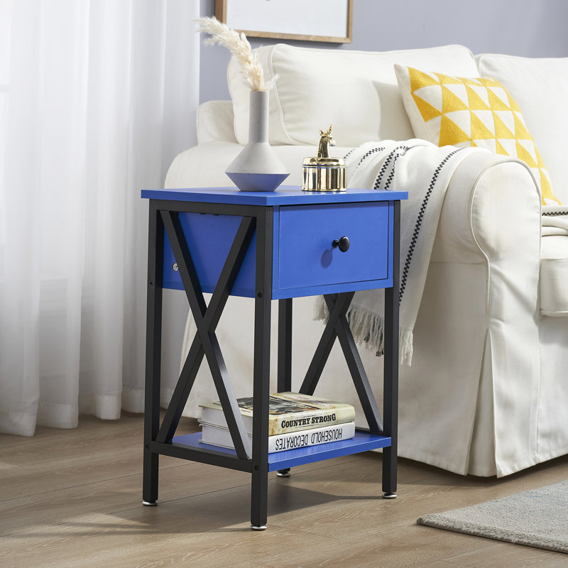 Alameen Nightstand Wood Bedside Table Small Nightstand with Drawer and Shelf for Bedroom, Living Room, Dorm, Dark Blue