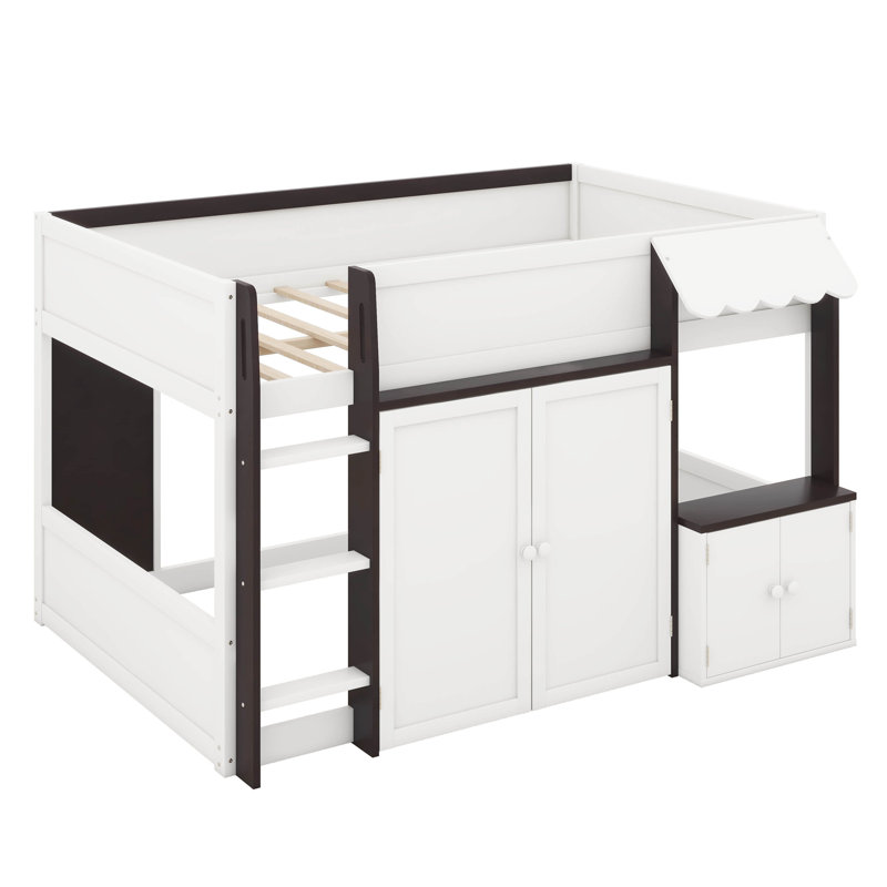 Lit mezzanine double avec maisonnette et rangement, lit mezzanine bas avec garde-corps et échelle pour enfants adolescents