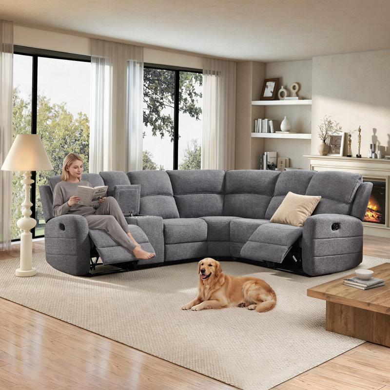 Watertown 7 - Piece Modern and Overstuffed Soft Breathable Fabric Manual Reclining Sectional