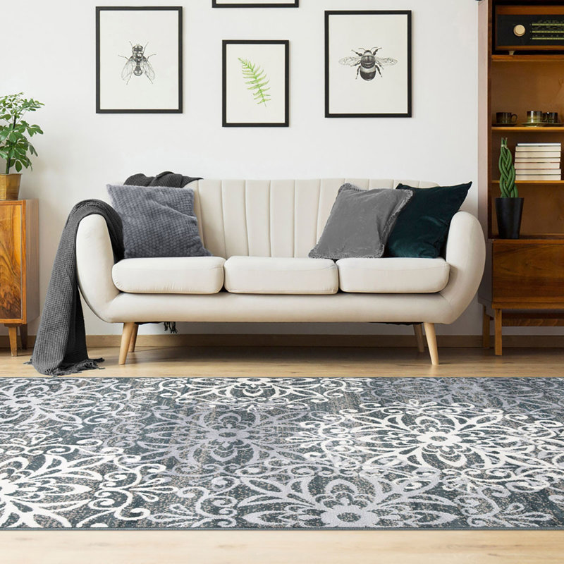 Tapis 5 pi x 8 pi gris ardoise et médaillon tissé à la machine