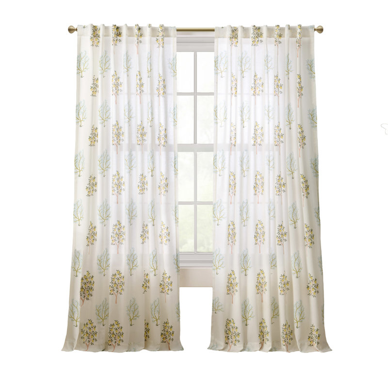 Trees 63" Backtab White Multi 2pk Curtain Panel W/Tote Bag, 50" W x 63" L
