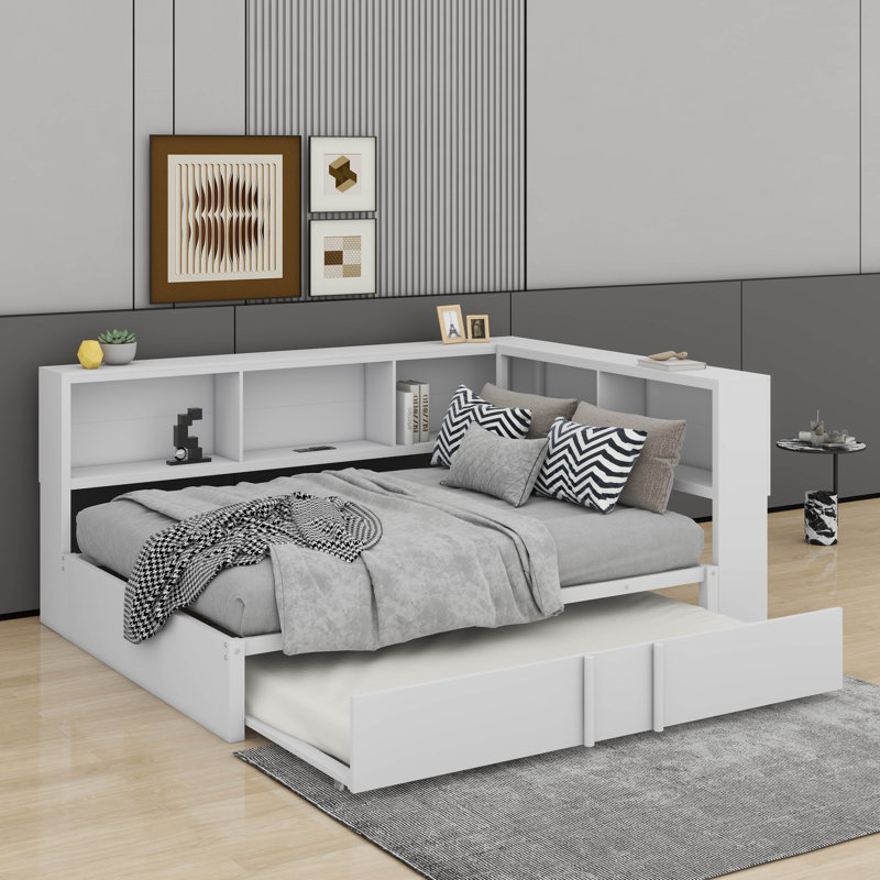 Lit de jour double en métal avec couchette et ports USB, Blanc