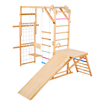 Aire de jeu intérieure Jungle Gym, ensemble de jeu intérieur en bois 8-en-1, 220LBS chargeant des jouets d'escalade Montessori avec balançoire, glissade, barre à singes, anneaux de gymnastique, échelle en bois / corde, filet et bar d'escalade