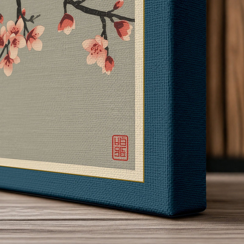 Moonlit Cherry Blossom Japandi - Wrapped Canvas, 24x16 - 61.0 x 40.6 cm, Teal Border