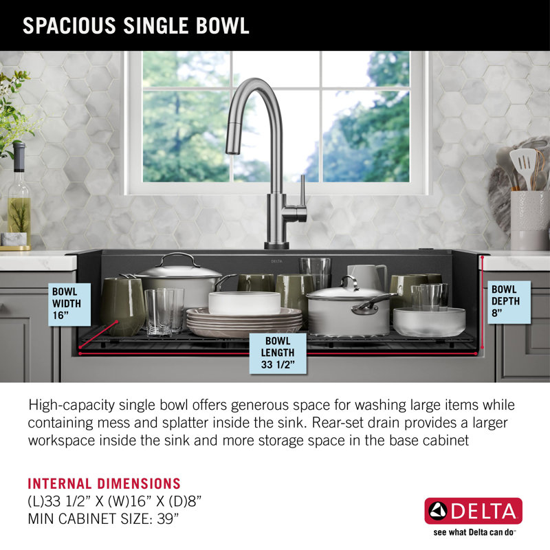 Évier de cuisine simple en acier inoxydable à tablier frontal de calibre 16 Delta Rivet ™, L 36 po x l 22,63 po