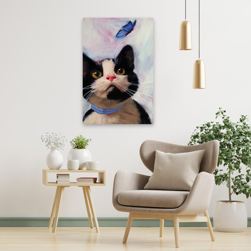 Chat et papillon - animaux, papillons, chats, art, H 36 po x l 24 po