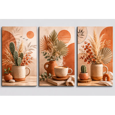 Grand ensemble de 3 impressions murales Boho Desert, terre cuite, cactus, herbe de pampa, impressions sur toile café pour décor de salon de cuisine, impression sur toile 16 x 24 pouces - prête à être accrochée