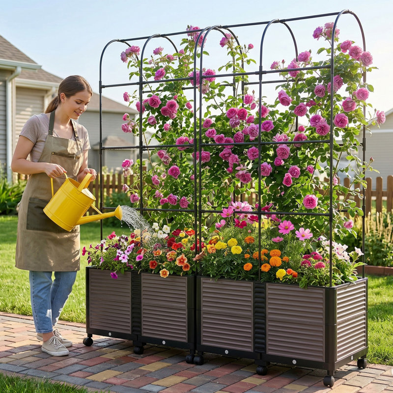 Boîte à fleurs surélevée avec treillis pour plantes grimpantes, intérieur et extérieur