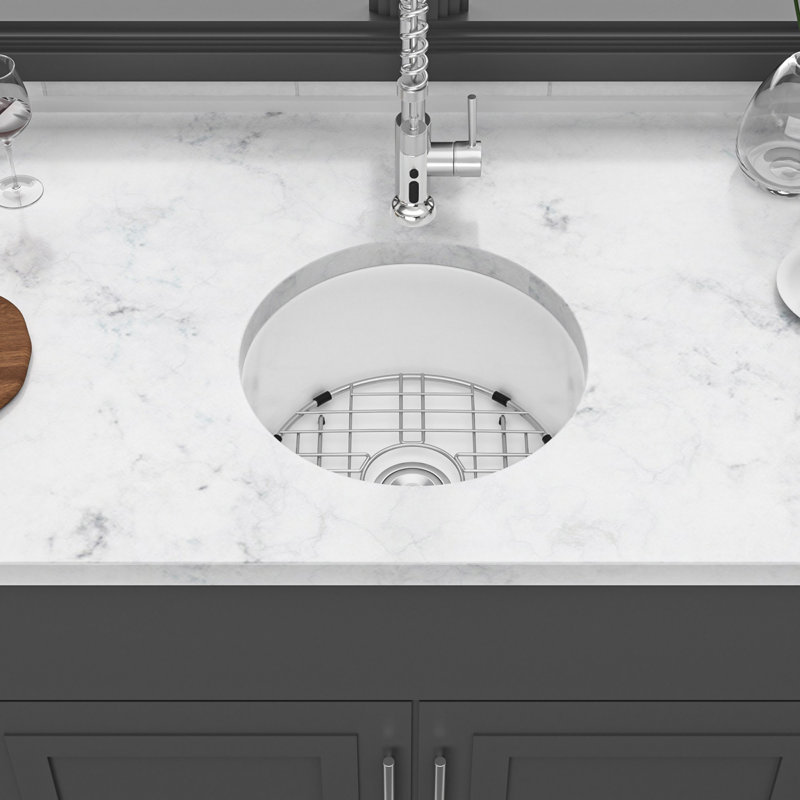 18 Inch Dual Mounted Single Bowl Ceramic Circular Kitchen Sink With Drain Assembly And Bottom Grid