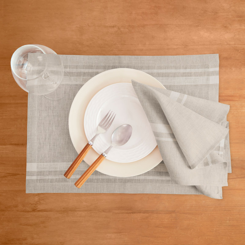 French Stripe - 100% Pure Linen Dinner Napkins, White and Natural