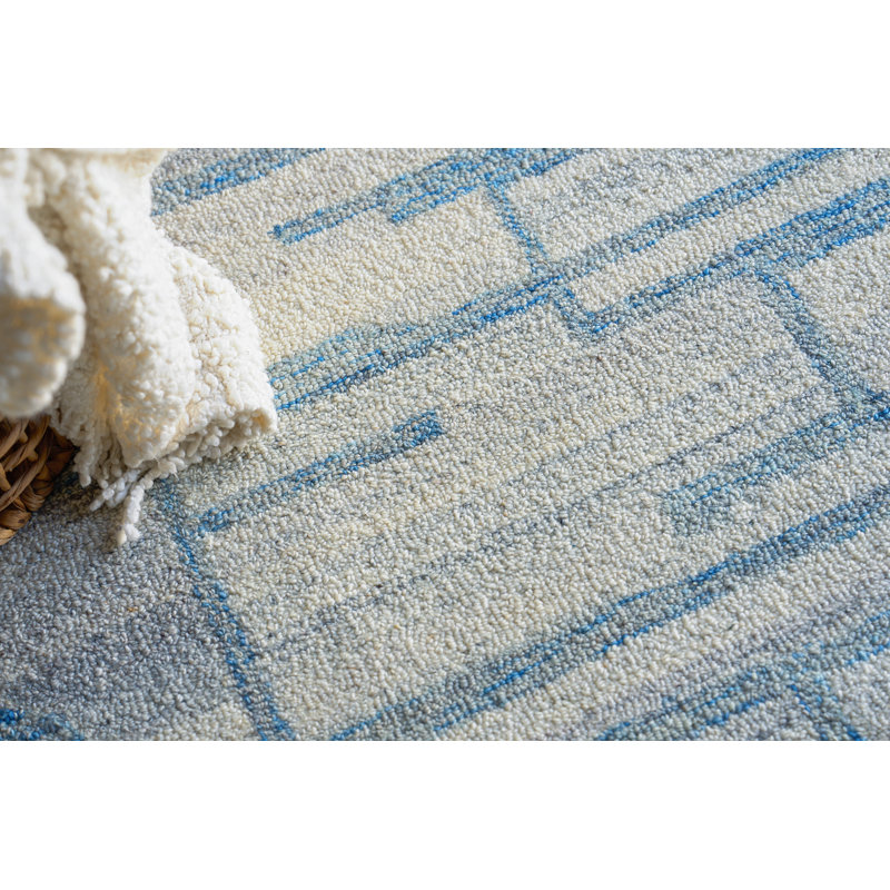 Ivory and Blue Hand-Tufted Wool Geometric Area Rug, 12' x 15'