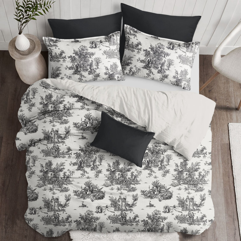 Toile De Jouy Standard Cotton Comforter Set, California King Comforter + 2 Shams, Black