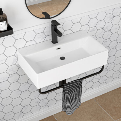 23.7" W x 14" D Glossy White Vitreous China Rectangular Wall Mount Bathroom Sink with Matte Black Towel Bar