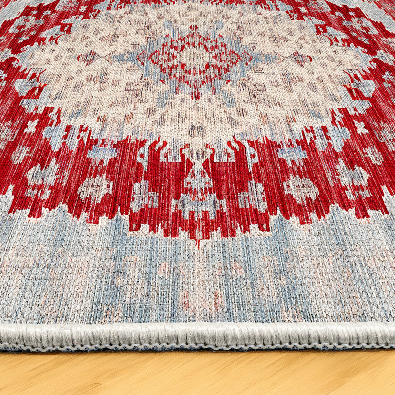 Marisol Burgundy Beige Gray Oriental Machine Printed Cotton Polyester Area Rug, Runner 3'4" x 7'3"