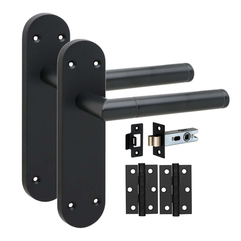 Golden Grace 1 Pair Victorian Mitred Design Long Rounded Backplate Internal Door Handle Matt Black with 2.5" Latch & Hinges - 182mm x 45mm
