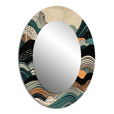 Teal Black Line Art Elegance II - Teal Modern Oval Wall Mirror