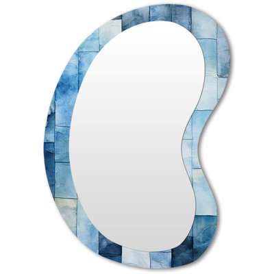 Francique White and blue Scandinavian Tiles VII - Tile Asymmetrical Mirror, Blue Unique Shape Decorative Wall Mirror, Printed Metal Art