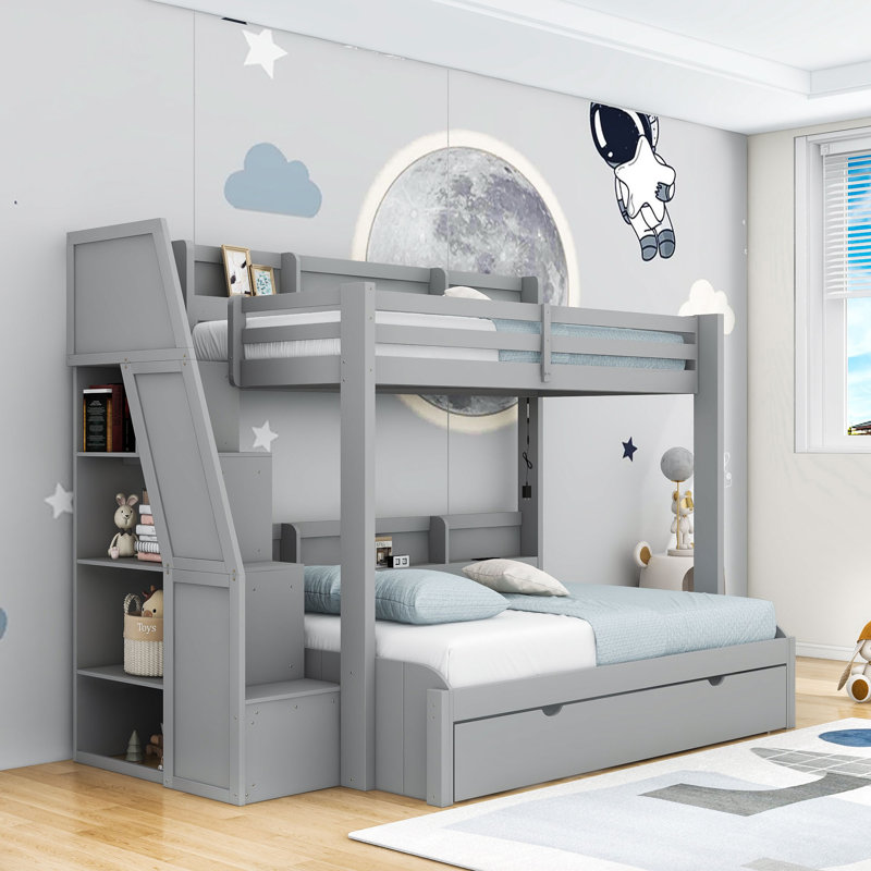 Twin Over Full Bunk Bed with Twin Trundle, Storage Stairs, Shelves, LED Light and Charging Station, Gray