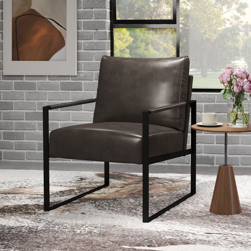 24.6" Wide Minimalist Soft Cushioned Back Upholstered Sled Base Arm Accent Chair (Set of 10), Dark Gray Faux Leather