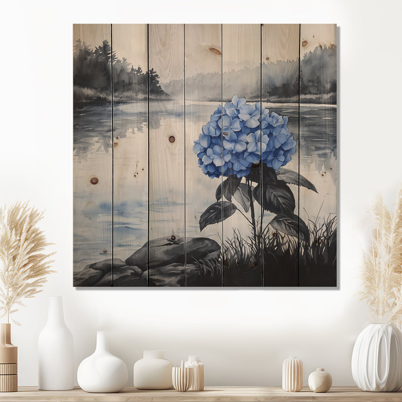 Hortensias au bord de la rivière en monochrome III - décoration murale en bois d'hortensias - sur bois de pin naturel