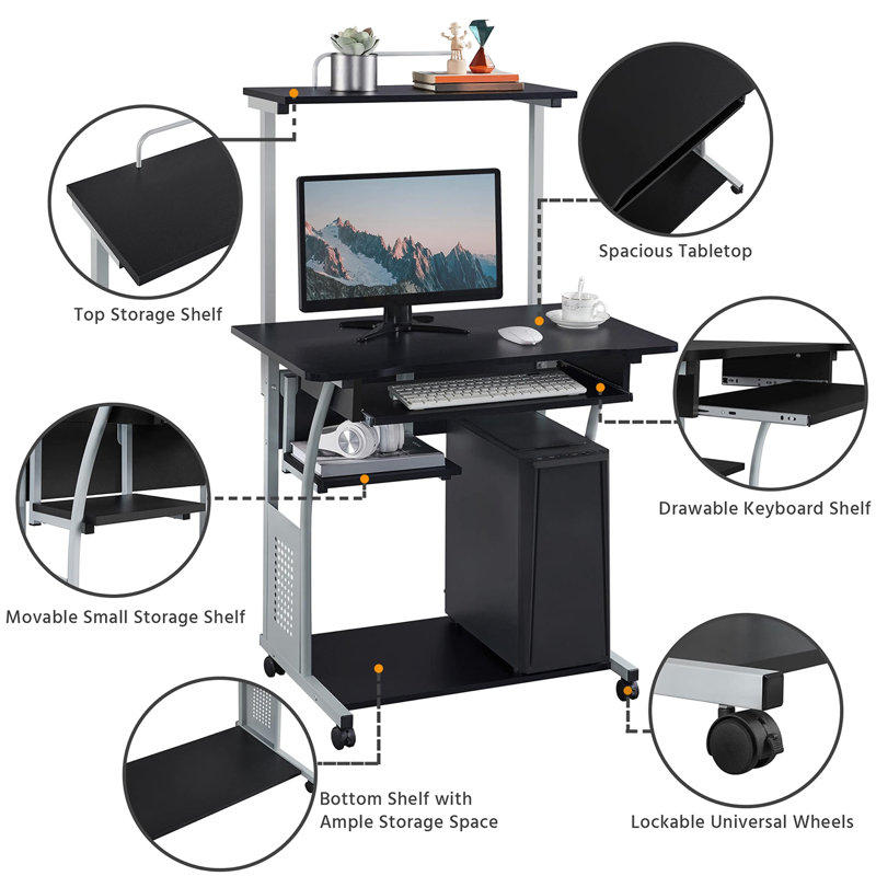 2 Tier Mobile Computer Desk With Printer Shelf & Keyboard Tray Rolling Computer Table For Small Spaces, Compact Study Workstation With Wheels, Space Saving, Black