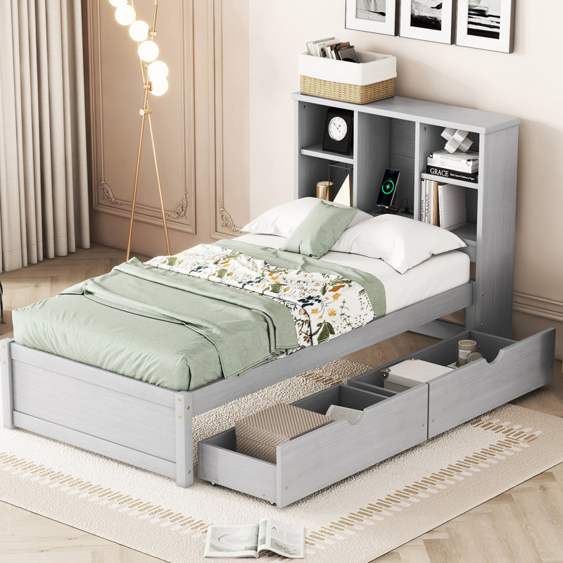 Lit simple avec rangement et tiroir, tête de lit et port de style moderne gris, espace, Gris