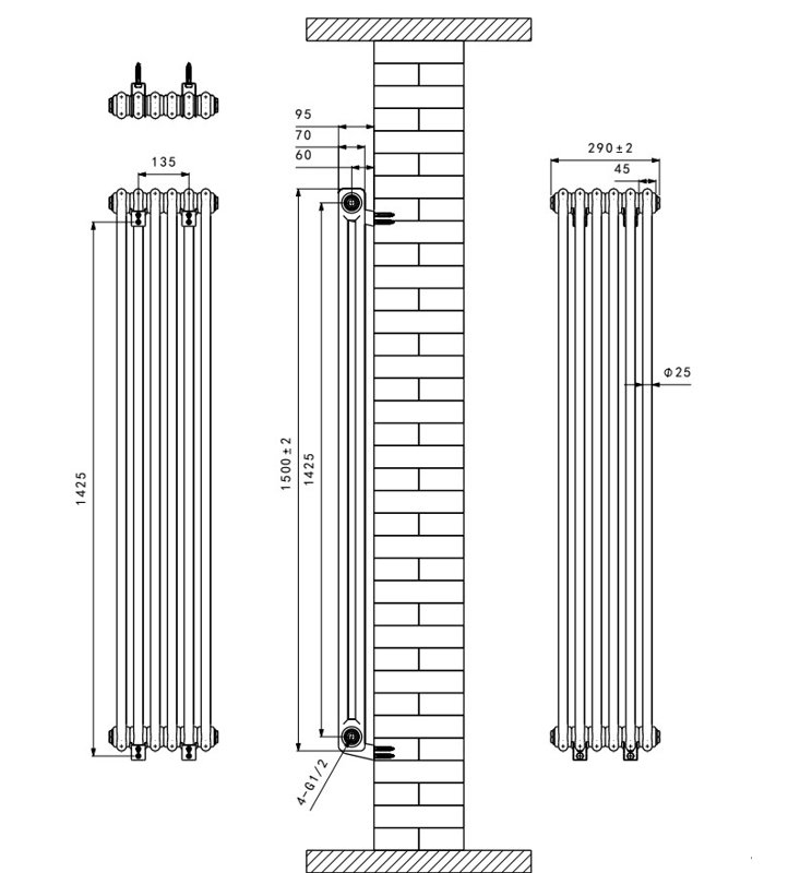 Valda Vertical Traditional 2 Column Designer Radiator, White, 150cm H x 29cm W