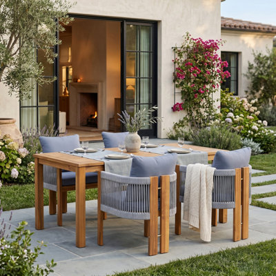 5-Piece Outdoor Patio Dining Set for 4, Acacia Wood Dinning Table Set with Rope Woven Chairs, Farmhouse Dining Furniture Set for Garden, Backyard and Poolside