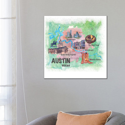 Austin Texas USA Illustrated Map With Main Roads Landmarks And Highlights by Markus & Martina Bleichner - Wrapped Canvas Print
