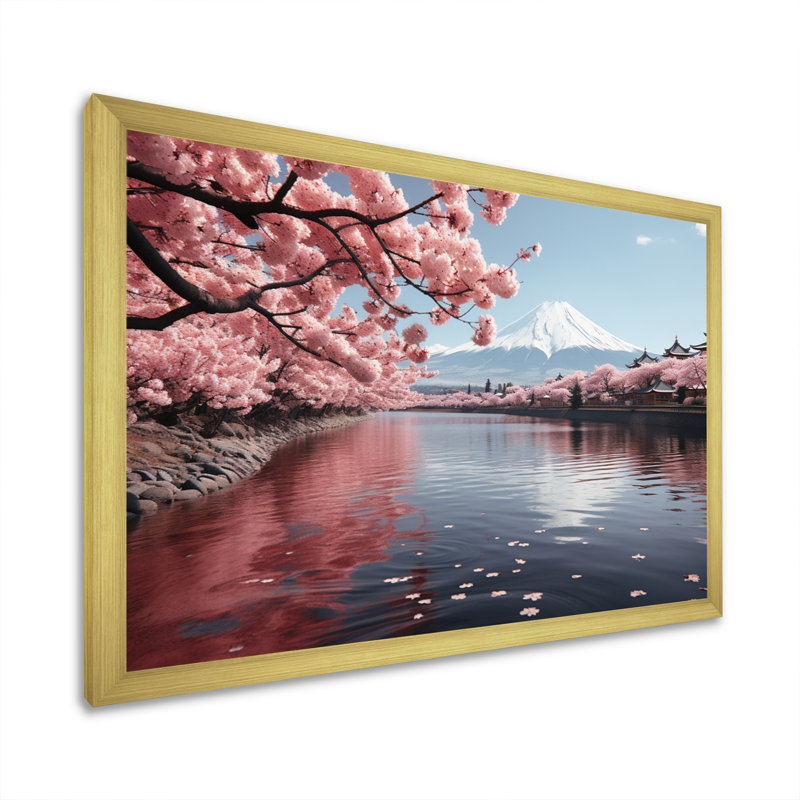 Japon Art Pink Mount Fuji V - Japan Art Canvas Prints, H 24 po x l 32 po x P 1 po, Cadre doré à une seule photo
