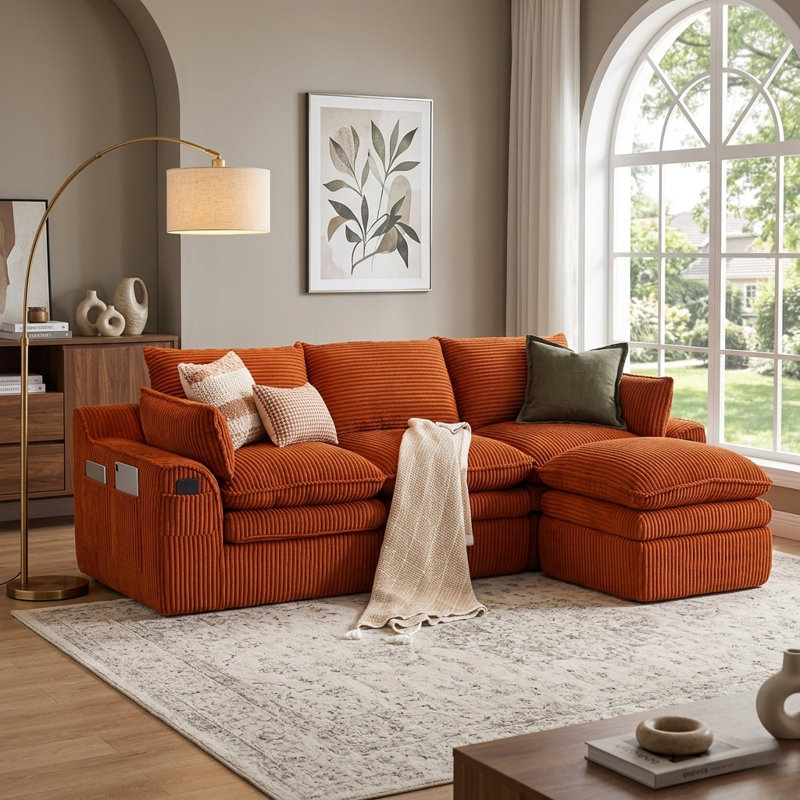 Canapé modulaire moderne en velours côtelé de 110 po de large avec repose-pieds, aucun assemblage requis, Orange