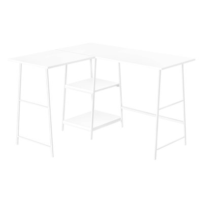 Bureau moderne en forme de L pour la maison, 122 cm de long, stratifié blanc et métal, étagères de rangement fonctionnelles, design contemporain et pratique pour l'organisation.