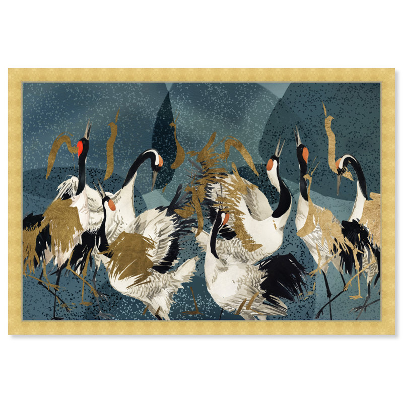Reproduction d'art mural «Crane Love», animaux, Encadrement doré, H 38 po x l 56 po