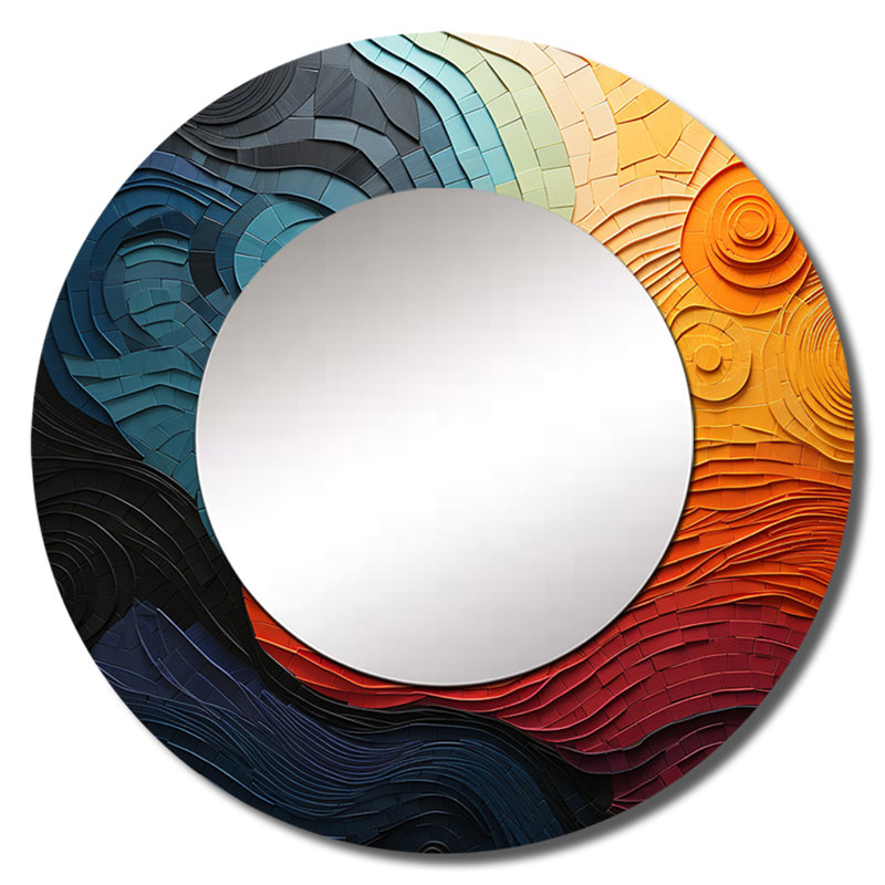 Teal orange Op Art Rhythmic Illusion II - miroir mural décoratif Op Art, grand miroir rond bleu sarcelle, impression sur métal