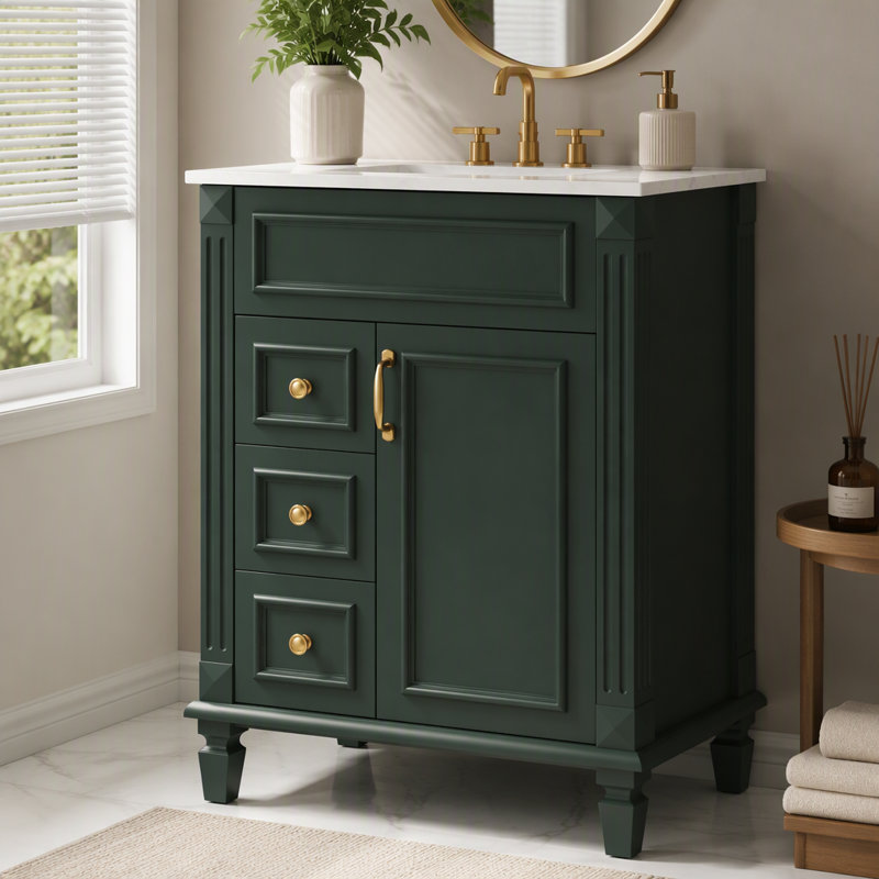 24" Bathroom Vanity with Ceramic Sink, Small Bathroom Sink Cabinet, Modern Cabinet with 2 Drawers and Adjustable Shelf, Green