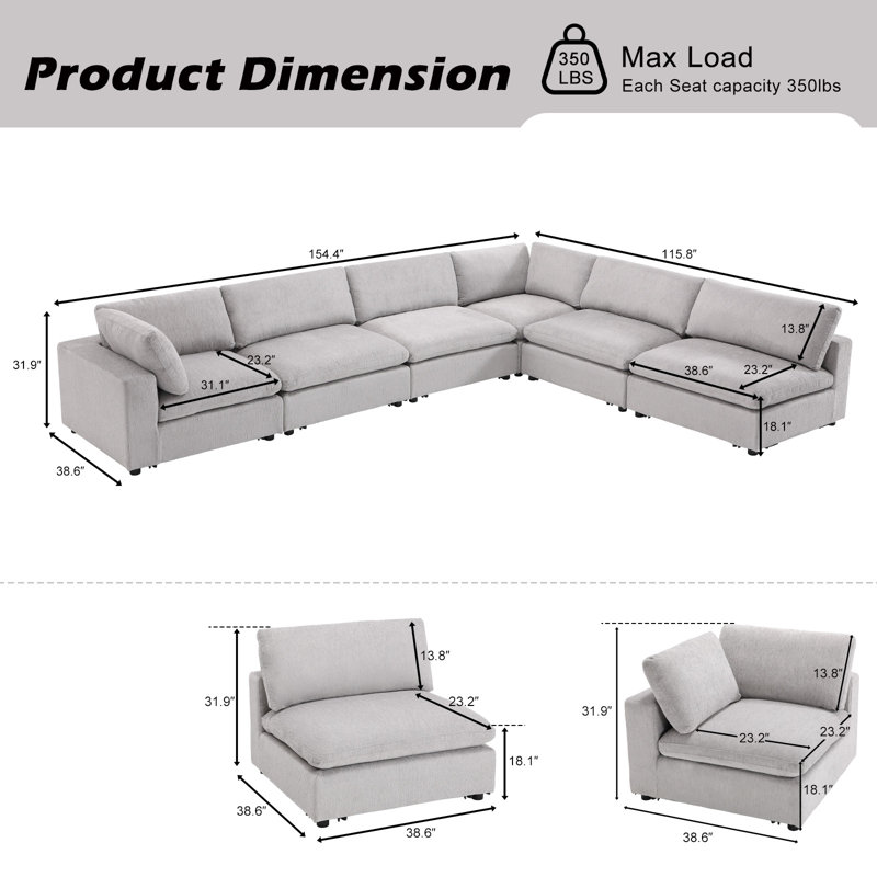 Canapé modulaire rembourré avec coussins 6 pièces Modern Minimalist