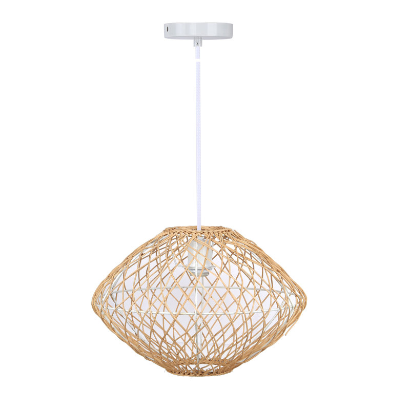 Luminaire suspendu 1 lumière en rotin naturel d'inspiration bohème avec accents blanc mat