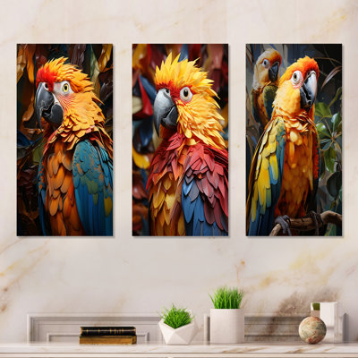 Yellow Parrots Golden Conversations - Parrot Metal Wall Art Set Of 3