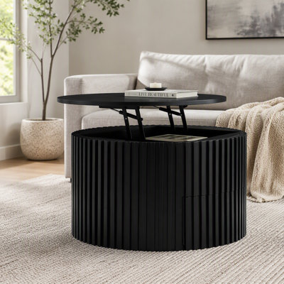 Table basse ronde à plateau relevable, table d'appoint moderne en bois cannelé avec rangement caché pour le salon