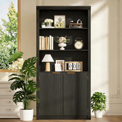 71" Tall 5-Tier Bookcase with Fluted Doors, Storage Cabinet | Farmhouse Book Case with Storage, Wood Storage Cabinet with 5 Tier Display Shelves for Home Office, Living Room