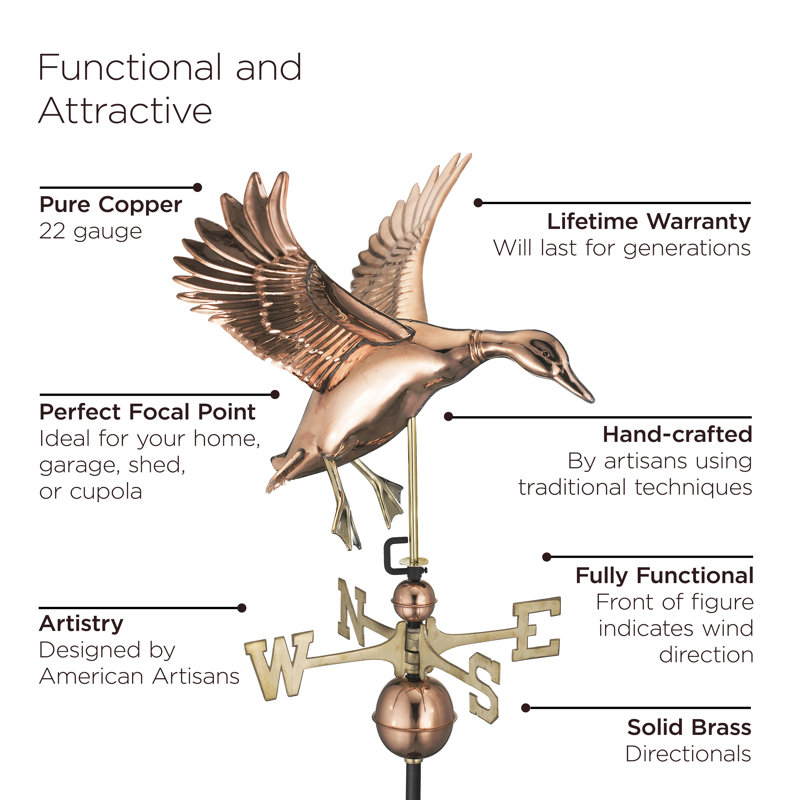 Polished Copper Landing Duck Weathervane with Brass Directionals